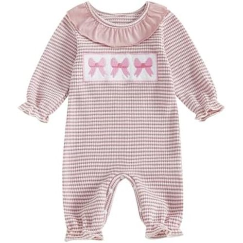 Newborn Baby Girl Striped Romper Bow Embroidery Waffle Knit Long Sleeve Ruffle Jumpsuit One-Piece Fall Clothes