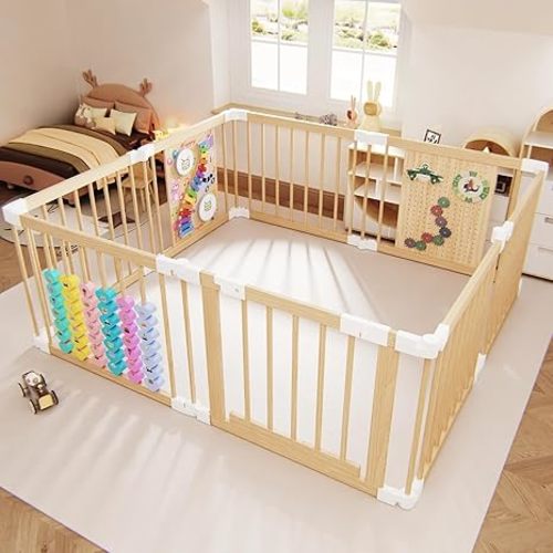 Baby Playpen - Adjustable Multi-Shape Wooden Play Yard, Portable Collapsible Activity Center with Baby Fence Play Area & Toys for Infants, Toddlers (56x56x24inch