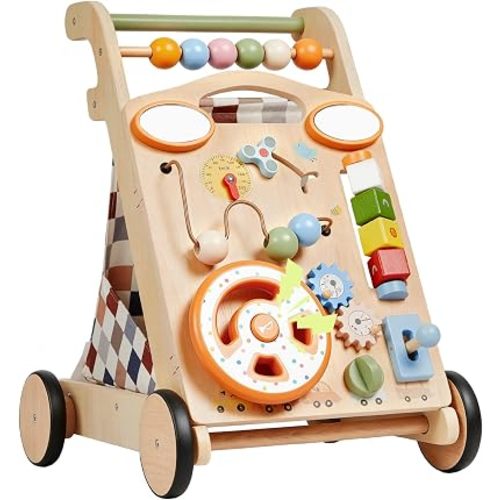 GROWNSY Wooden Baby Walker with Wheels, 3-in-1 Sit-to-Stand Baby Walker with Adjustable Speed, Montessori Push Walker with 7-in-1 Removable Activity Panel, First Birthday Gifts for Boys & Girls