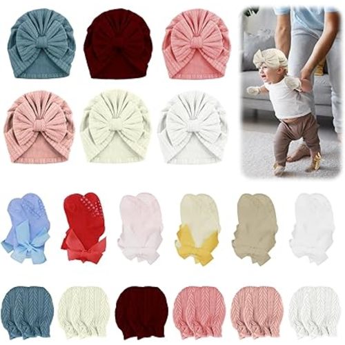 Newborn Baby Girl Hats Mittens and Socks Set Bows Caps Beanies Ruffle Socks Cotton Gloves for Preemie Infant 0-6 Months Girls