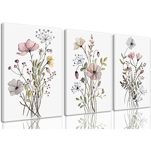 Bwodke Framed Wildflower Canvas Wall Art Pink Watercolor Botanical Floral Poster Prints Set of 3 Modern Minimalist Flower Pictures Home Decor Painting Bedroom Bathroom Living Room 12"x16"