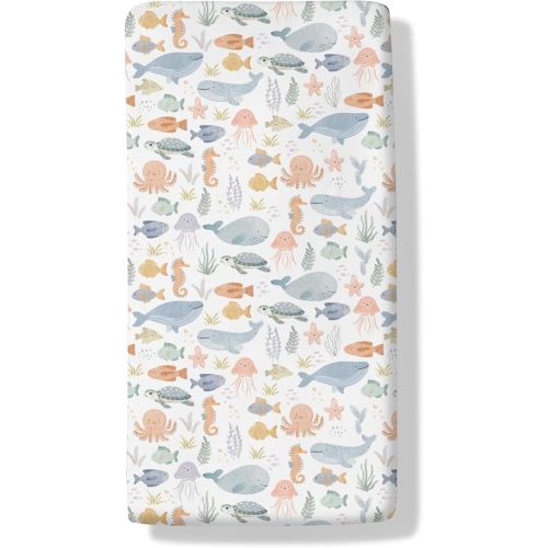 Watercolor Sea Animals Baby Boys Girls Crib Sheets Coastal Whale Shark Turtle Seahorse Crib Sheet Marine Ocean Animals Fitted Crib Mattress Cover for Standard Crib Toddler Mattresses 52"x28"