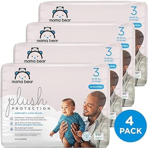 Amazon Brand - Mama Bear Plush Protection Diapers - Size 3, One Month Supply, Hypoallergenic Premium Disposable Baby Diapers, 160 Count (Pack of 4), White and Cloud Dreams
