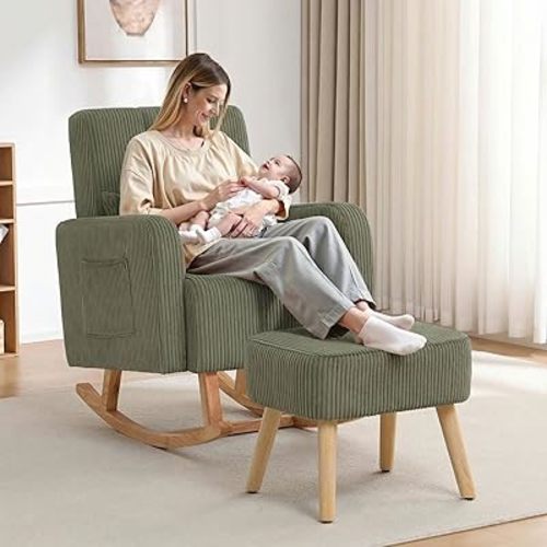 HCHAIRH Rocking Chair with Ottoman, Upholstered Glider Rocker with High Backrest and Side Pocket, Corduroy Comfy Reading Chair with Solid Wood Legs for Nursery, Living Room,Bedroom Olive Green