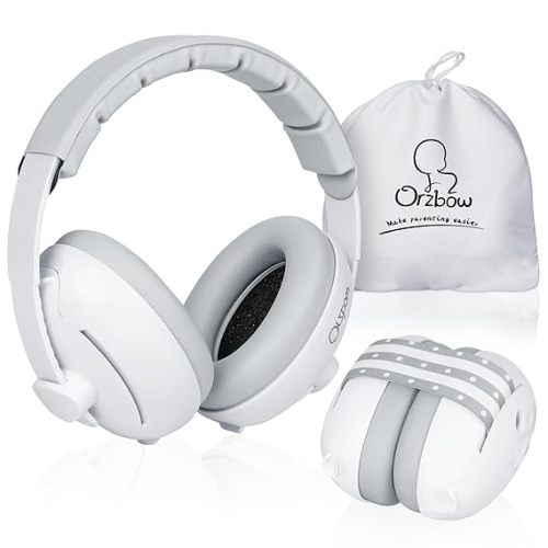 Orzbow 2-in-1 Baby Ear Muffs Noise Protection, Noise Cancelling Headphones for Babies up to 48 Months, Adjustable Infant Ear Protection with Non-Slip Band for Airplane Travel Sleep, White