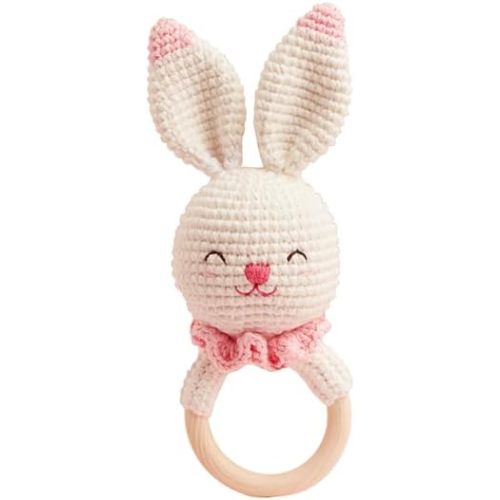 Chippi & Co Wooden Crochet Baby Rattle, Crochet Baby Toys Stuffed Animals Easter Gifts for Kids, Newborn Toys, Easter Basket Stuffers, Basket Filler, Cute Bunny Decor (Olive The Cheerful Bunny)