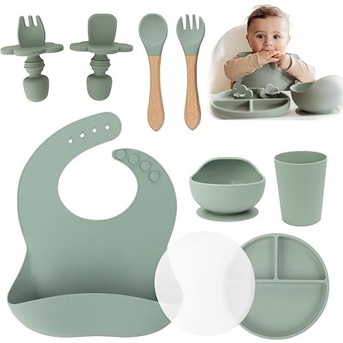Extra Heavy Silicone Baby Feeding Set Essentials, Premium 9-Piece Set of Baby Led Weaning Supplies with Silicone Baby Plate with Lid, Superior Suction Bowl and Baby Utensils - Green