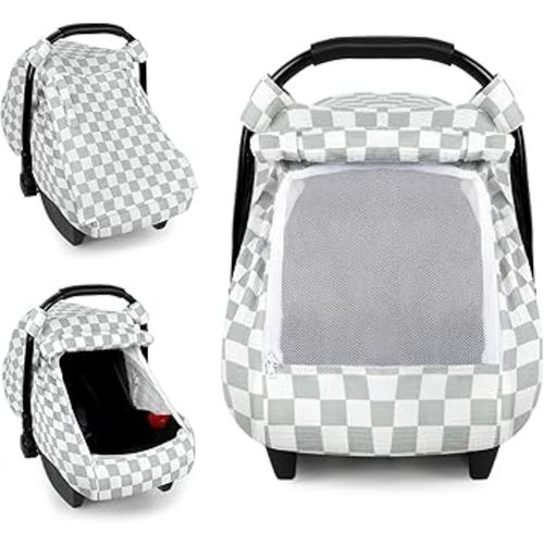 DILIMI Car Seat Covers for Babies, Muslin Cotton Baby Car Seat Cover with Breathable Mesh Window, Summer Infant Car Seat Canopy for Boys Girls Newborn, Green Checkered