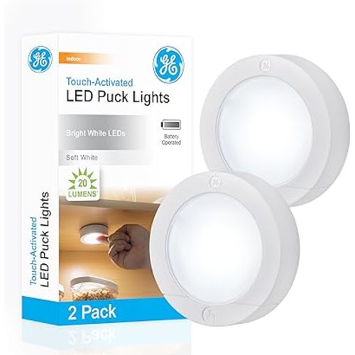 GE Wireless LED Tap-Lights, Battery Operated, 20 Lumens, Touch-Activated Puck Lights, Stick-On for Under Cabinet, Kitchen, Closet, or Garage, 2-Pack 25434
