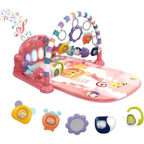 dearlomum Baby Play Mat Gym, Funny Play Piano Tummy Time Activity Mat with 5 Infant Sensory Toys, Music and Lights, Boy & Girl Gifts for Newborns 0 to 3 6 9 12 Months (Pink)