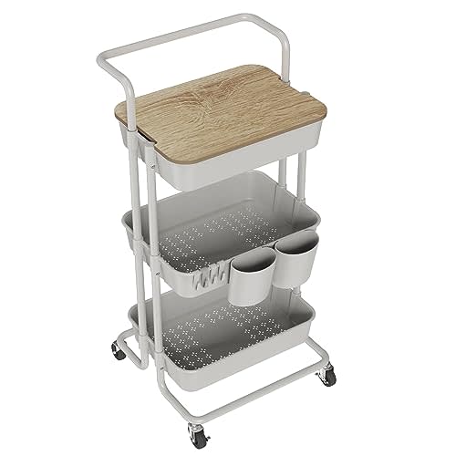 DTK 3 Tier Rolling Utility Cart with Cover Top Board, Movable Kitchen Storage Cart Trolley with Lockable Wheels, Cups, Hooks for Kitchen Bathroom Home Office Art Craft Storage and Organization(Grey)