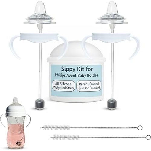 Sippy Cup Conversion Kit for Philips Avent Natural Baby Bottles 2-Count, Food Grade Silicone Spout Nipples and Weighted Straw, Bottle Handles, Cleaning Brush, BPA-Free, Straw Transition, 4+ Months