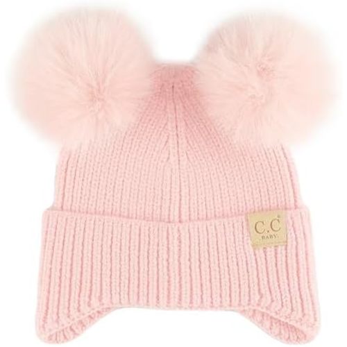 C.C Baby Double Fur Pom Pom Beanie with Ear Flap for Boys Girls - Comfortable Soft Warm Infant Toddler Baby Knit Skully Hat