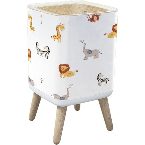 Bote de basura con tapa, selva tropical, patrón sin costuras, animales del zoológico, lindos animales salvajes, simple, cubo de basura rectangular, tapa de prensa a prueba de perros, para cocina,