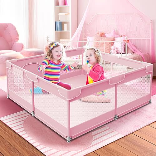 Baby Playpen 50 x 50 Inch Play Pen Playards, Playpen for Babies and Toddlers, Baby Playard for Indoor & Outdoor Active Center Game Fence, with Skin-Friendly Fabric and Soft Breathable Mesh Grey