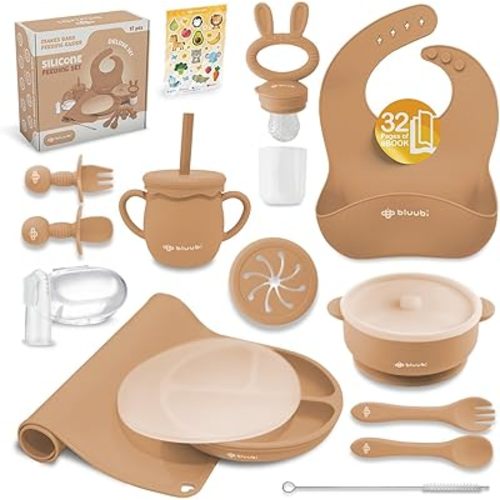 Silicone Baby Feeding Set - Infant Tableware for First Foods & Baby, Led Weaning (0+ Months), Easy to Clean, Durable, Perfect for Baby Boy or Girl, Solid Feeding - Ocre - Deluxe