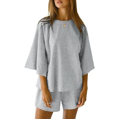 Tankaneo Womens 3/4 Sleeve Oversized Tops and Elastic Waist Shorts Lounge Sets