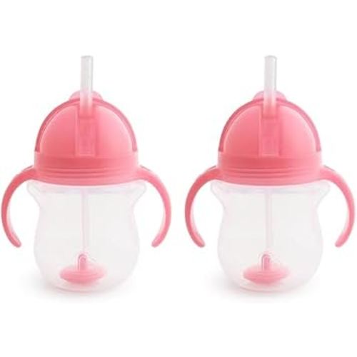 Munchkin® Any Angle™ Weighted Straw Trainer Sippy Cup with Click Lock™ Spill Proof Lid, 7 Ounce, 2 Pack, Pink