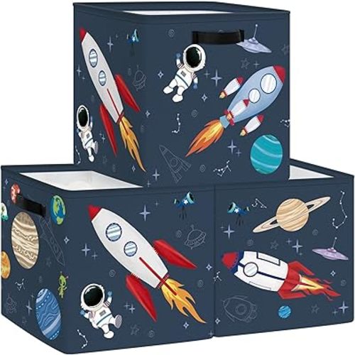 Clastyle Cosmic Space Kid Storage Cube Organizer Set Planets Stars Closet Clothes Cube Storage Bin Nursery Toddler Toy Box Chest Girl Boy Book Shelf Basket,Rocket,11.8x11.8x11.8 in