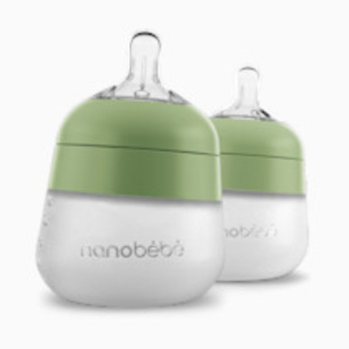 Nanobebe Flexy Silicone Baby Bottle, Anti-Colic, Natural Feel, Non-Collapsing Nipple, Non-Tip Stable Base, Easy to Clean 2-Pack, Sage, 5 oz