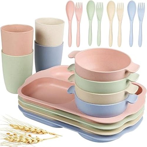 shopwithgreen Wheat Straw Dinnerware Cutlery Set, 20 PCS Kids Toddlers Divided Plates and Bowls Sets, Microwave Unbreakable Tableware Spoon Knife Cup, Dishwasher Safe for Kitchen Picnic School