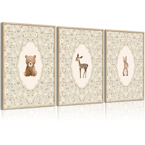 Vintage Woodland Animals Nursery Canvas Wall Art Cute Bunny Bear Deer Picture Wall Decor Country Poster Painting Print Neutral Artwork for Girls Room Kids Room Baby Room Bedroom Farmhouse Decortion