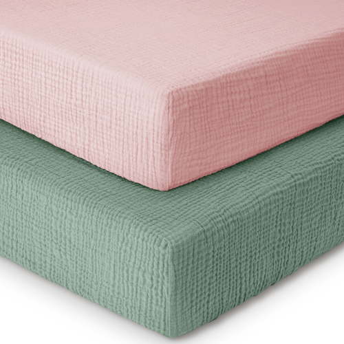 Yoofoss Muslin Crib Sheets for Boys Girls 100% Cotton Fitted Baby Crib Sheet 2 Pack Soft and Breathable for Standard Crib Mattress & Toddler Mattress 52"x28" Pink & Green