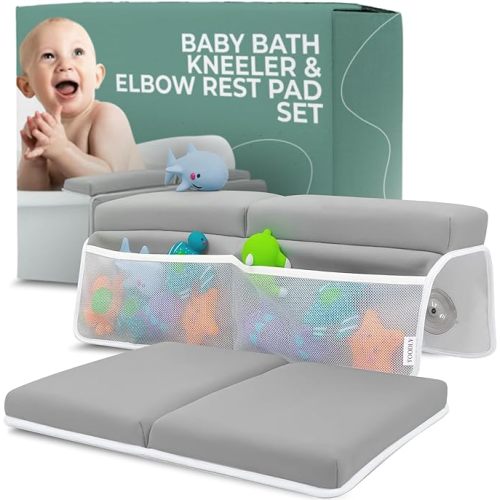 Comfortable Baby Bath Kneeler and Elbow Rest Pad Set - Thickest Bathtub Kneeler Pad with Memory Foam and Bath Toys Organizer - Bath Kneeling Pad- Relieve your Knees and Elbows (Grey) - Standard