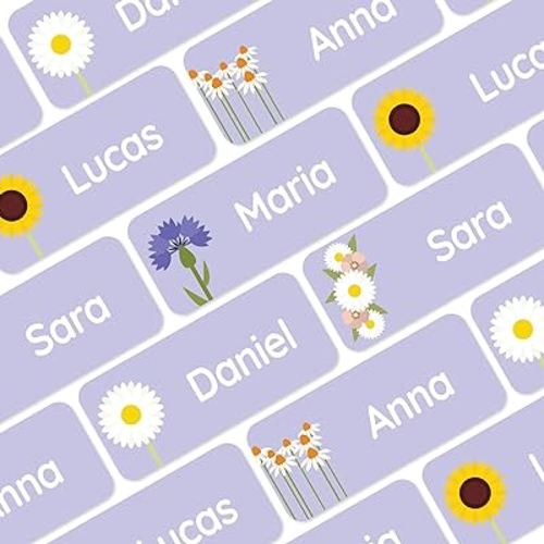 60 Personalized Name Labels (1.2” x 0.5”) to Use on Clothes and Gear. Waterproof and Self-Adhesive Labels for Everyone – Toddlers, School Kids, and Parents - Flowers - Purple