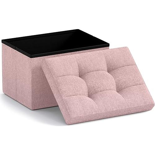 Ornavo Home Small Storage Ottoman Foldable Collapsible Rectangle Linen Ottoman Foot Rest Stool Seat, for Living Room, Bedroom, Home Office, Dorm - 12 x 16 x 12, Pink