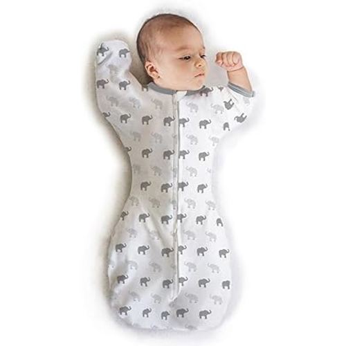 Amazing Baby Transitional Swaddle Sack with Arms Up Half-Length Sleeves and Mitten Cuffs, Small, 0-3 months, 6-14 lbs, Tiny Elephants, Sterling (Arms Up Swaddle, Transition Swaddle Sleep Sack)