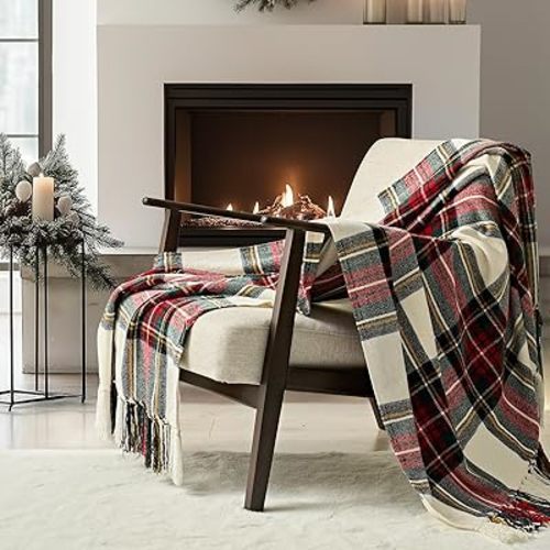 EVERGRACE Stewart Christmas Plaid Chenille Throw Blanket for Couch, Super Soft Cozy Tartan Checkered Throw Blanket with Tassels, Lightweight Plush Chenille Knit Throw for Christmas Decor, 50”x60”