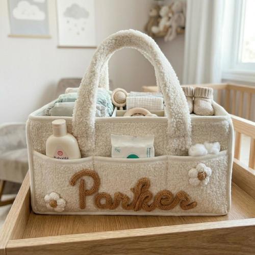 Personalized Sherpa Baby Caddy,  Yarn Name Diaper Organizer, Boucle Nursery Storage Bag