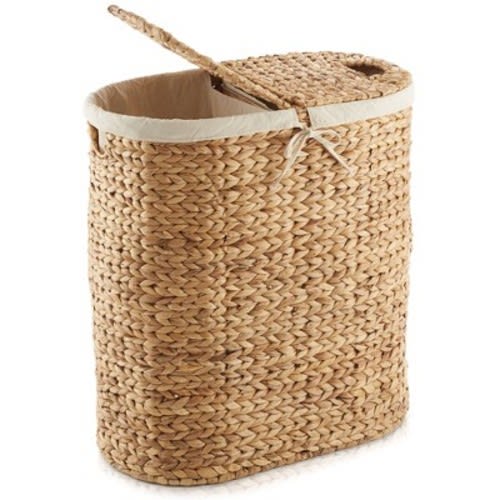 Casafield Oval Laundry Hamper with Lids and Removable Liner Bags, Woven Water Hyacinth 2-Section Laundry Basket for Clothes and Towels, Color: Natural
