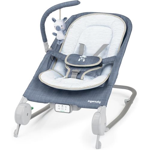Ingenuity Happy Belly Rock-to-Bounce Seat, Music, Vibration, Detachable Toy Bar, Plush Zebra Toy, For Ages 0-6 Months, Blue - Chambray