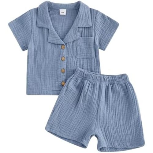 Baby Boys Clothes Set Toddler Infant Boys Button-down Shirt Tops + Cotton Gauze Shorts Summer Outfit 2PCS with Pockets