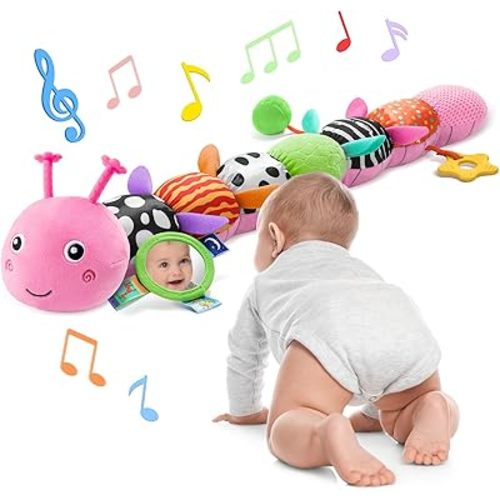 Baby Toys 6-12 Months Music Caterpillar Infant Toys Stuffed Animals 0-3-6 Months Teething Tummy Time Sensory Toys with Mirror Rattle&Pull String for Boys Girls Birthday Gifts|Candy Pink,Leafy