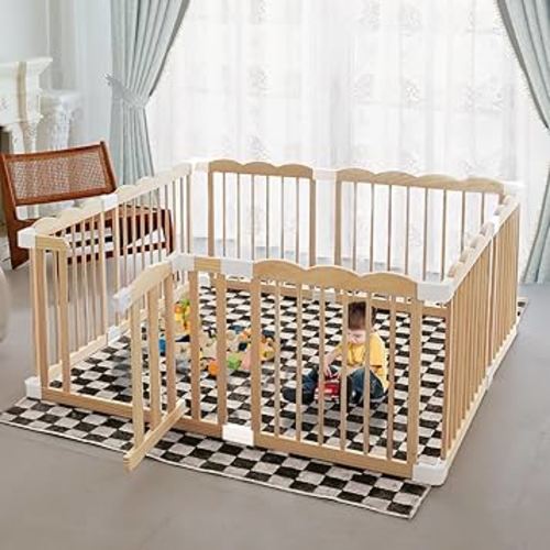 Baby Playpen, Wooden Playpen for Babies and Toddlers, Large Adjustable Wooden Baby Playpen with Locking Gate, Easy to Assemble, Portable Playpen, Baby Fence Play Area(47x62x24 Inch)