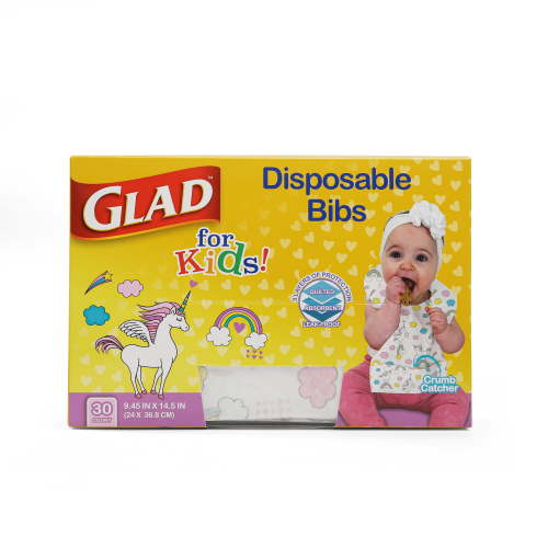Glad For Kids Unicorn Disposable Bibs with Crumb Catcher Absorbent and Leakproof 30 Count