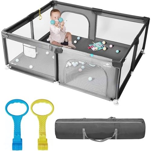 [Upgraded] dearlomum Baby Playpen, 71"x59" Extra Large Playard with Thickened Steel Pipes, Baby Activity Center with Gate & Toys, Sturdy Soft Mesh Safety Fence for Toddlers (Gray)