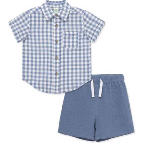 Gingham Cotton Button-Up Shirt & Shorts Set, 12M