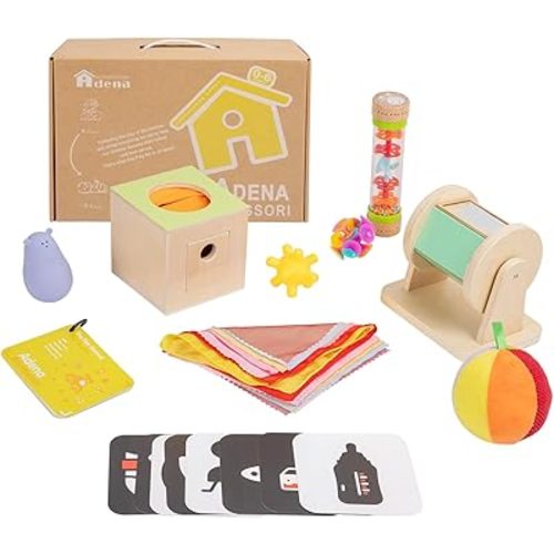 8 in 1 Montessori Toys for Babies 0-6 Month-Baby Tummy Time Toys Black White Card for Newborns,Rainmaker Rattle Toys for Babies, Tissue Box,Spinning Drum,Ball with Bell-Baby Sensory Developmental Toys