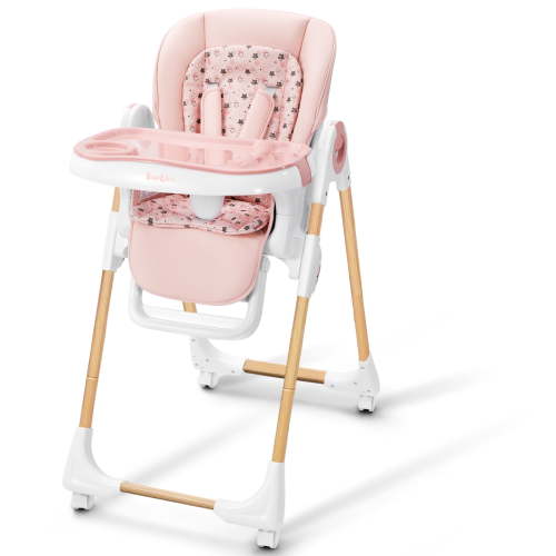 Babilous Foldable High Chair with Soft Cushion, High Chairs for Babies and Toddlers, Height Adjustable Feeding Chair, Adjustable Backrest and Footrest, Lockable Wheels, Woodgrain Pink