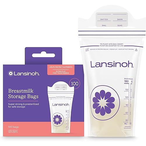 Lansinoh Breastmilk Storage Bags, 100 Count, Baby Essentials, Fast Freeze & Thaw Breast Milk Bags for Baby Bottle Feeding, Superior Strength & Stretch, 6 Ounce