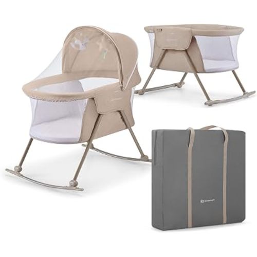 Kinderkraft LOVI Travel Bassinet for Baby, Portable Folding Baby Bed with Built-in Mosquito net, Adjustable Hood and an Additional Cradle Function, Beige