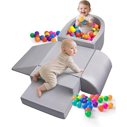 Baby Climbing Blocks, Soft Play Set for Crawling Baby 6-12 Months, Anti-Slip Particles Bottom & Velcro Connectors, High-Density Foam Gym with Soft Fabric Cover (Balls not Included) (Grey)