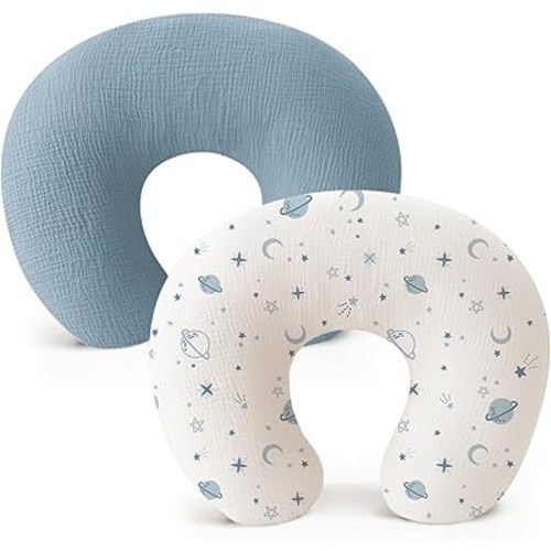 Konssy 2-Pack Muslin Nursing Pillow Covers, Soft & Adorable Nursing Covers for Breastfeeding Pillows, Slipcovers for Newborn Boys & Girls(Blue, Star)