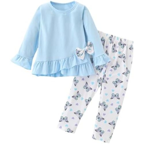 Toddler Girl Clothes Bowknot Ruffle Sleeve Top + Butterfly Pants 2PC Kids Fall Winter Outfit Set