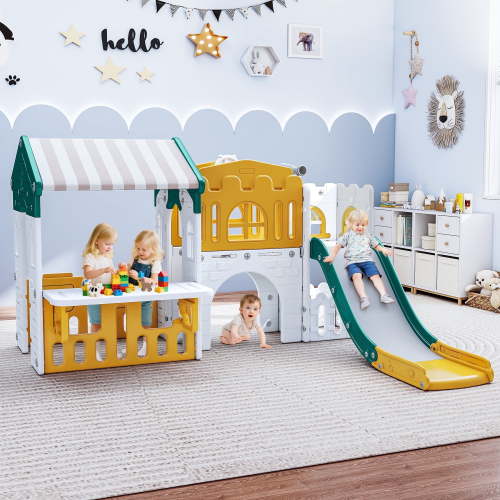 WFUN 9 in 1 Indoor Infant Toddler Playground Slides Playset for Backyard Home, Yellow & Green