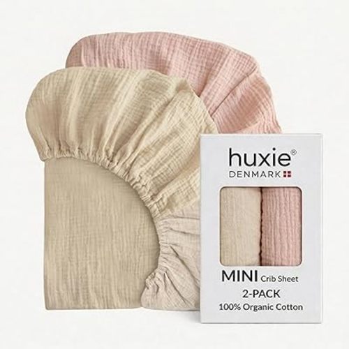 Mini Crib Sheets - Organic Cotton Muslin Fitted MINI 24"x 38" Crib Sheet for Pack and Play - Ultra-Soft and Breathable for Boys and Girls. 2-Pack (Blush/Fog)
